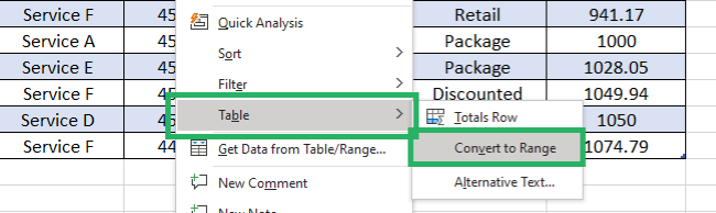 Option to convert to table