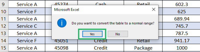 Prompt to remove table
