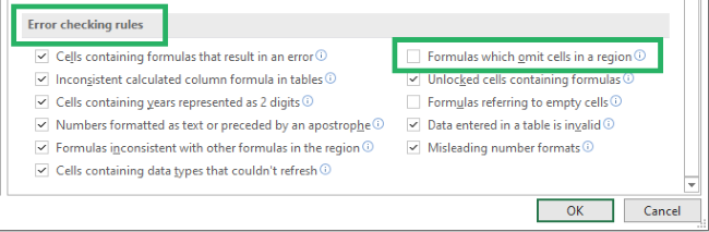 Uncheck Formulas that omit cells in a region.