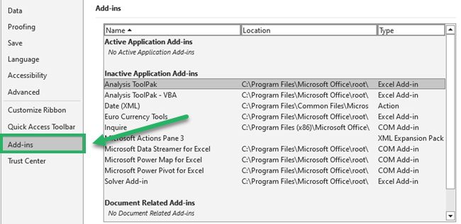 Select Add-ins in Microsoft Excel