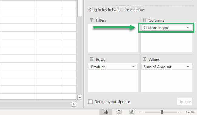 Dragging customers to the pivot table columns