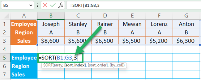 Enter the sort index - row number for sort by columns
