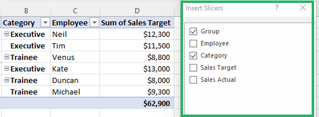 Selecting multiple items from the insert slicer dialog box