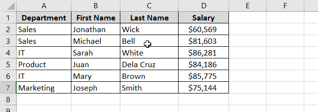 Excel columns