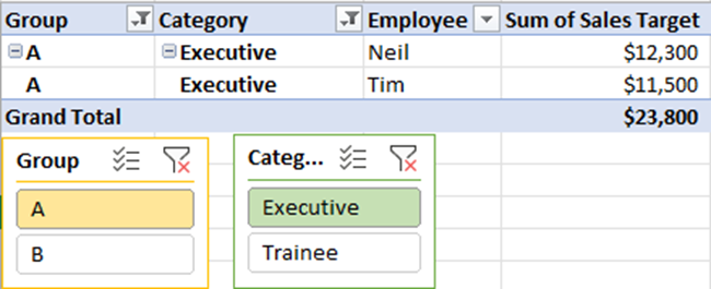 Pivot Table data filtered with two slicers