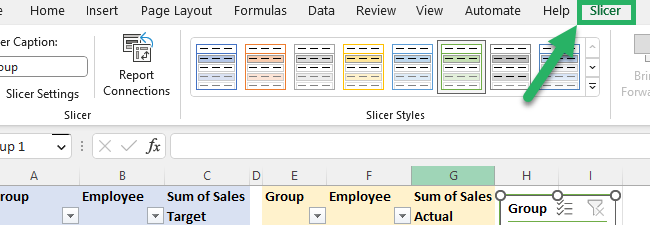 Activating the slicer tab