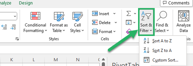 Click sort and filter button in the editing group