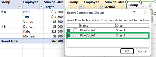 Select the second pivot table from the Report Connections (Group) dialog box