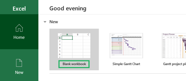 Microsoft Excel workbook file - new workbook from file tab, file menu 