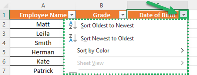 Expand the drop down menu in the column C.