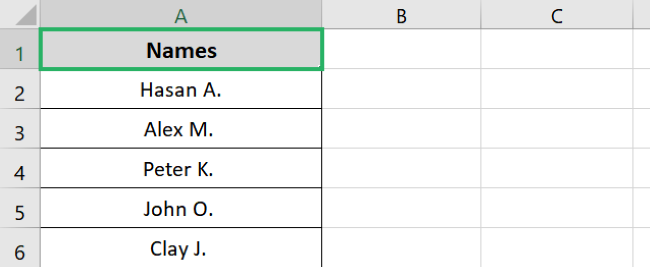 Selecting the names header row 