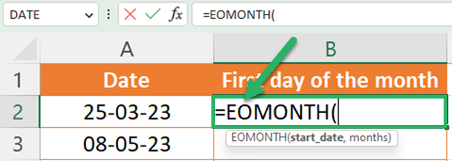 02 write eomonth Enter an equal sign and select the EOMONTH function