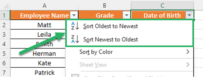 Applying Excel's ascending sort or descending sort