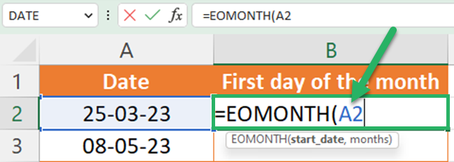 03 start date Select the first argument of the EOMONTH function