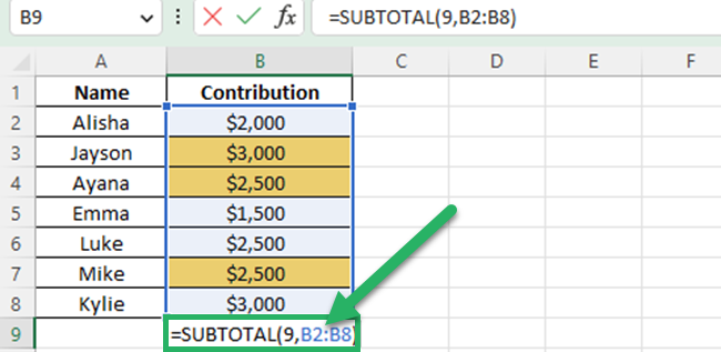 Select the cell range for the SUBTOTAL formula
