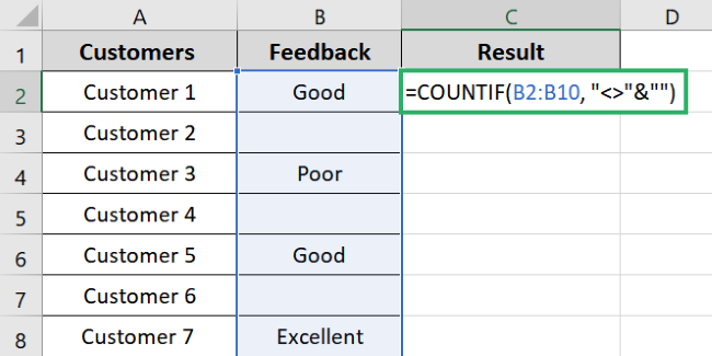 Entering fromula condtion for counting blank cell in the given data range 