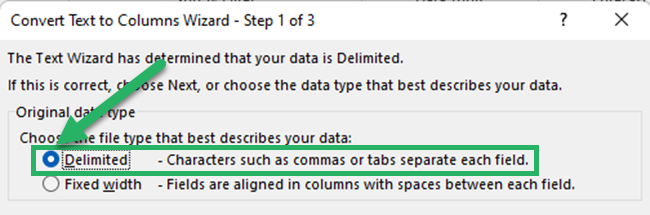 Select delimited - Step 1 of 3