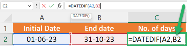  Select the end date as the second argument of the DATEDIF formula
