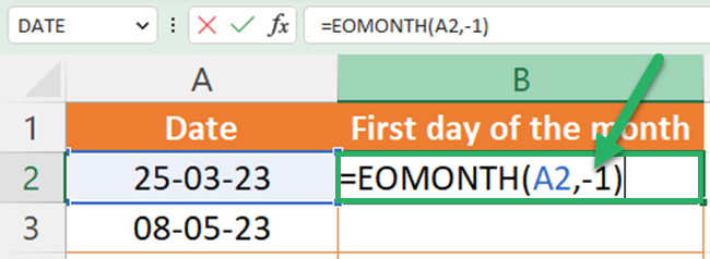 04 enter months EOMONTH formula to get the last date of the previous month