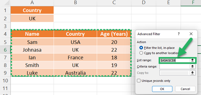 Select your data table range as the List Range.