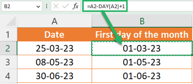 06 enter day First day of the month using the DAY function