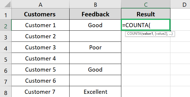 Entering the counta function to find non blank cells in data range 