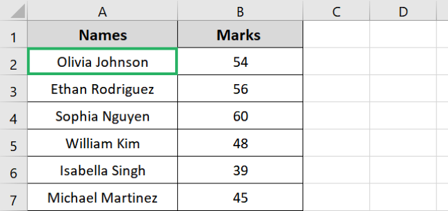 Selecting cell A2 adjacent to blank cells 