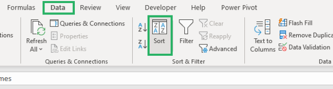 Selecting Sort from the data tab 