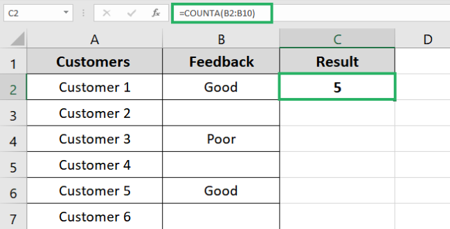 COUNTA returns the result 5 - there are 5 non empty cells 