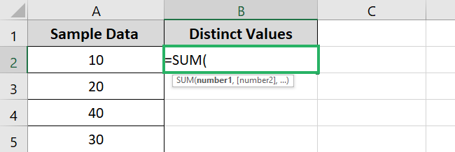 Entering the SUM function 