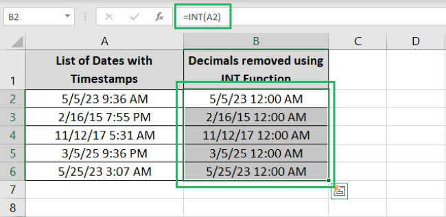 Decimals removed with the INT function