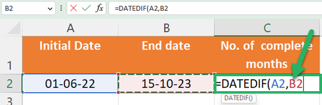  Select the ending date as the second argument of the DATEDIF formula