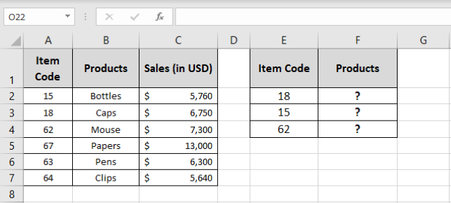 First column of Item Codes