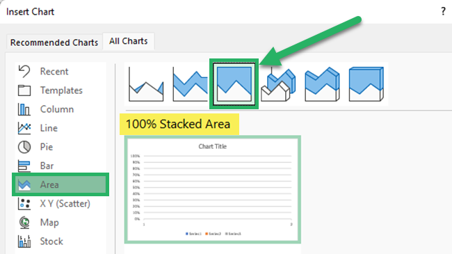 Select 100% stacked area chart from chart types