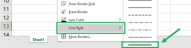 Select line styles for custom border style from the borders drop down menu