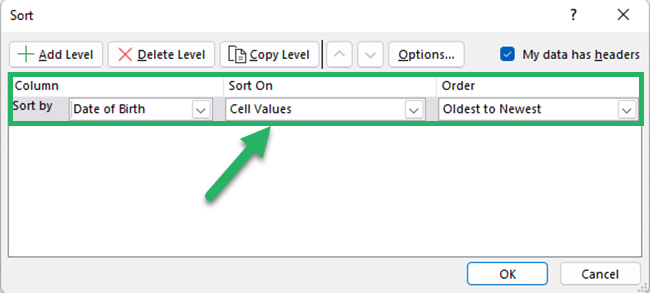 Complete Excel Sort dialog box