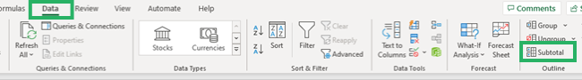 Subtotal from the Data/page layout tab