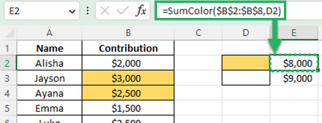 12 sumcolor formula Using the custom function to add all the values of Yellow color in the Excel file