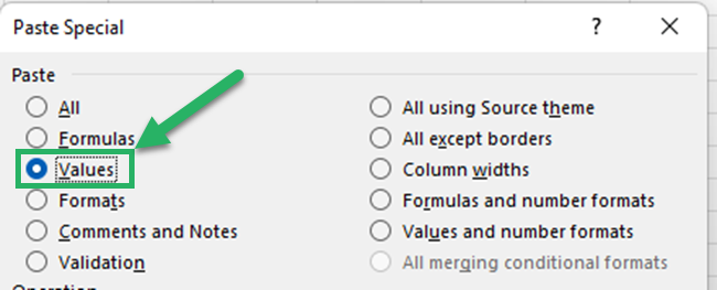 Select the radio button of Values from the Paste special dialog box