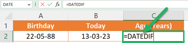 Enter an equal sign and type the DATEDIF