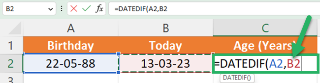  Select the current date as the second argument of the DATEDIF formula