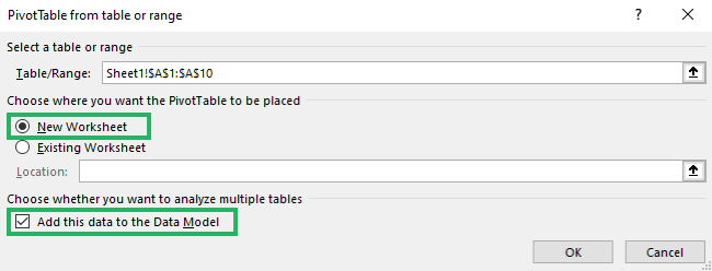 Select data range to add to the pivot table 