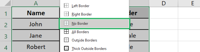 Selecting no border option from the drop down menu 