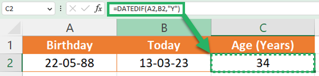 Use the DATEDIF function to find age
