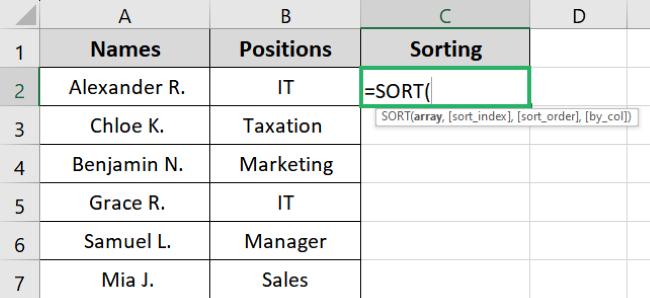 Sort formula in the same column 