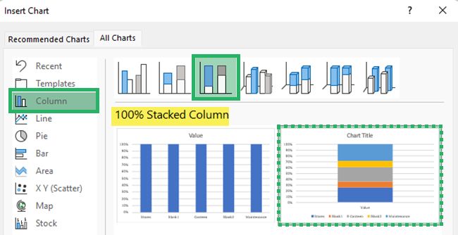 Select 100% stacked column chart from chart types