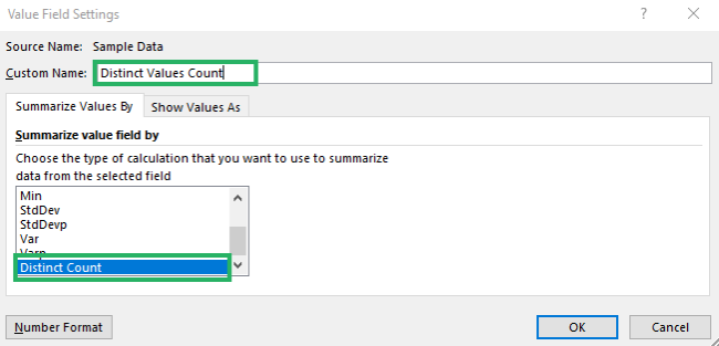 Select distinct count from the options and set custom name 