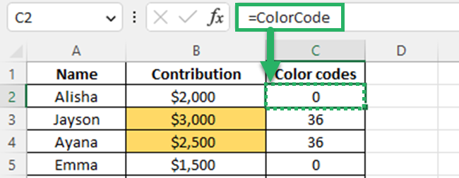 Use the ColorCode custom function to get the color index value