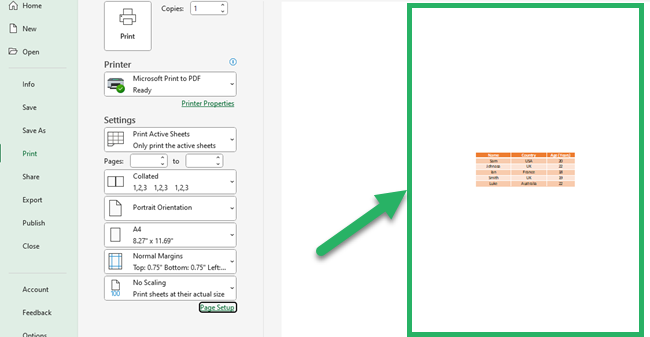 Print Preview - Excel Worksheet horizontally and vertically aligned.