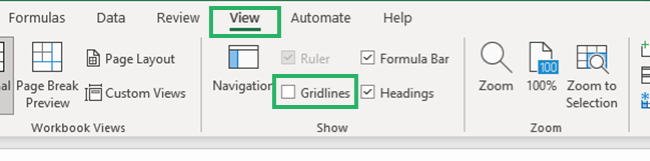 Unchecking the box for gridlines